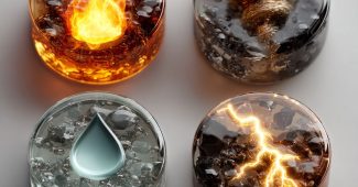 AI提示词_2x2棋盘上，四个圆形棋子分别有火焰、龙卷风、水滴和雷电图标_chatgpt官网中文电脑版缩略图