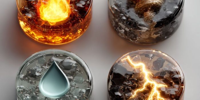 ChatGPT提示词_2x2棋盘上，四个圆形棋子分别有火焰、龙卷风、水滴和雷电图标_chatgpt官网中文电脑版缩略图