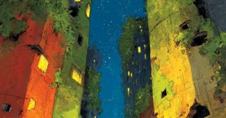 ChatGPT提示词_经历大灾变的城市被茂密植被吞没，残破的摩天大楼缠绕着藤蔓，孤独的幸存者手持弓箭_人工智能chatgpt5缩略图