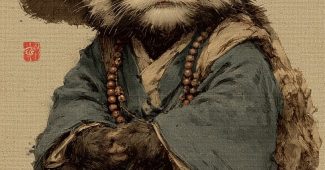 ChatGPT提示词_小红 panda 穿着和尚服，佩戴佛珠，坐姿可爱_chatgpt5.0网址缩略图