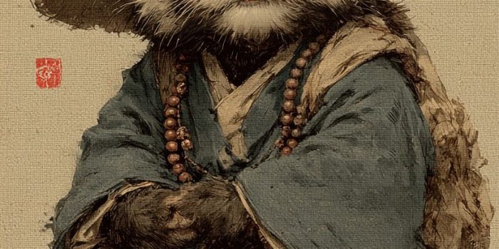 ChatGPT提示词_小红 panda 穿着和尚服，佩戴佛珠，坐姿可爱_chatgpt5.0网址缩略图