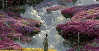 ChatGPT提示词_一个超现实的梦境，漂浮的岛屿上开满鲜花，瀑布逆流而下，一个穿着长袍的人凝视着宇宙天空_国内如何开通gpt会员卡支付缩略图