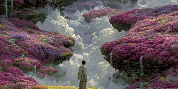 ChatGPT提示词_一个超现实的梦境，漂浮的岛屿上开满鲜花，瀑布逆流而下，一个穿着长袍的人凝视着宇宙天空_国内如何开通gpt会员卡支付缩略图