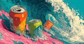 ChatGPT提示词_一个简单的2D平面漫画设计，描绘了一个简单的海浪和三罐饮料漂浮在浪头上_chat gpt会员是智商税嘛缩略图