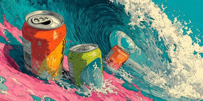 ChatGPT提示词_一个简单的2D平面漫画设计，描绘了一个简单的海浪和三罐饮料漂浮在浪头上_chat gpt会员是智商税嘛缩略图