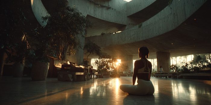 ChatGPT提示词_运动年轻女性在混凝土建筑内拉伸的低角度摄影_chatgpt会员值吗缩略图