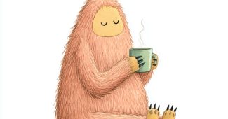 AI提示词_一个粉红色毛绒迷你怪物在喝茶，眼睛微闭，显得宁静可爱_chatgpt会员版不能推理缩略图