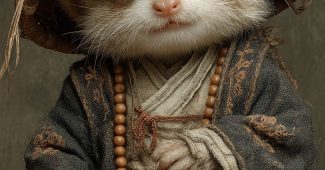 AI提示词_小 meerkat 穿着僧袍和佛珠，坐姿可爱，体现古风_chat gpt会员多少钱缩略图