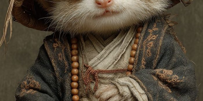 ChatGPT提示词_小 meerkat 穿着僧袍和佛珠，坐姿可爱，体现古风_chat gpt会员多少钱缩略图