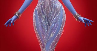 AI提示词_一位拥有发光天蓝色皮肤的女性外星人穿着透明网状裙装，展示优雅气质_gpt会员多少钱一个月缩略图