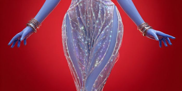 ChatGPT提示词_一位拥有发光天蓝色皮肤的女性外星人穿着透明网状裙装，展示优雅气质_gpt会员多少钱一个月缩略图