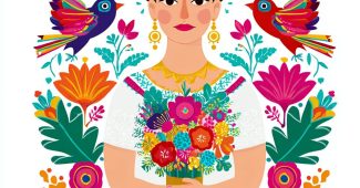 ChatGPT提示词_一幅现代墨西哥民间艺术风格的彩色平面肖像，弗里达·卡洛手捧墨西哥花束，背景是对称布局的自然元素_chatgpt5.0网页缩略图