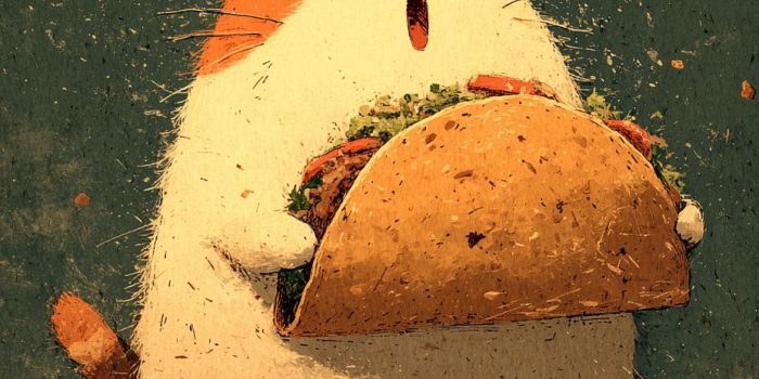 ChatGPT提示词_一只可爱的胖猫用双爪抱着一个塔可，上面沾满了小碎屑_chatgpt会员激活码缩略图