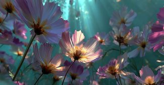 AI提示词_阳光下五彩斑斓的花朵在光束中摇曳，底部形成了光影错落的效果_chat gpt会员共享缩略图