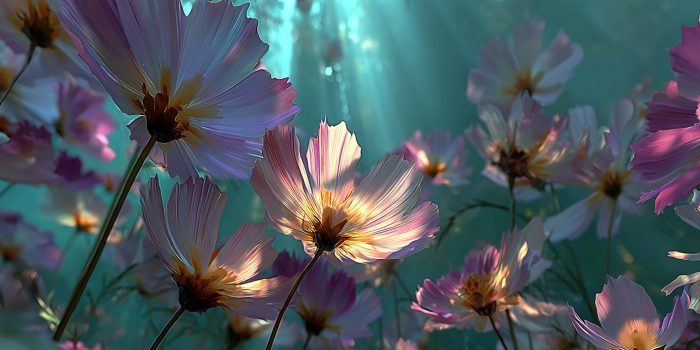ChatGPT提示词_阳光下五彩斑斓的花朵在光束中摇曳，底部形成了光影错落的效果_chat gpt会员共享缩略图