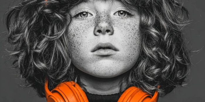 ChatGPT提示词_一个年轻女孩佩戴着亮橙色耳机，背景是黑暗的单色调_chatgpt官网中文缩略图