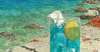 ChatGPT提示词_一幅夏日海滩静物画，描绘了带气泡的蓝色柠檬水和闪耀的冰块_chatgpt.com.缩略图