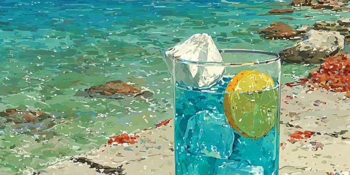 ChatGPT提示词_一幅夏日海滩静物画，描绘了带气泡的蓝色柠檬水和闪耀的冰块_chatgpt.com.缩略图