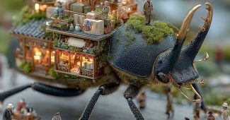 ChatGPT提示词_巨大的黑角拟步甲虫背上挂着包裹，几位迷你人骑在虫子上，背景是一座花园_怎么开通chatgpt会员缩略图