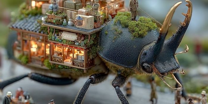 ChatGPT提示词_巨大的黑角拟步甲虫背上挂着包裹，几位迷你人骑在虫子上，背景是一座花园_怎么开通chatgpt会员缩略图