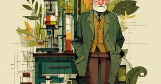 ChatGPT提示词_品牌’Sunsophia’的简约扁平插图，一位科学家在实验室，使用自然的绿色、米色和棕色_chatgpt 中文缩略图