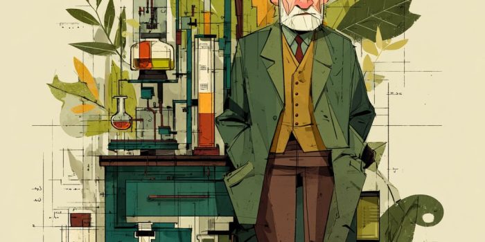 ChatGPT提示词_品牌’Sunsophia’的简约扁平插图，一位科学家在实验室，使用自然的绿色、米色和棕色_chatgpt 中文缩略图