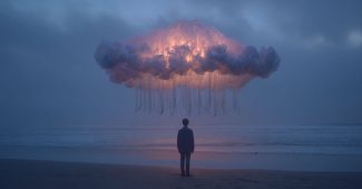 AI提示词_一个人背对着空荡荡的海滩，面对着一只发光的棉质水母_chatgpt4.0官网缩略图