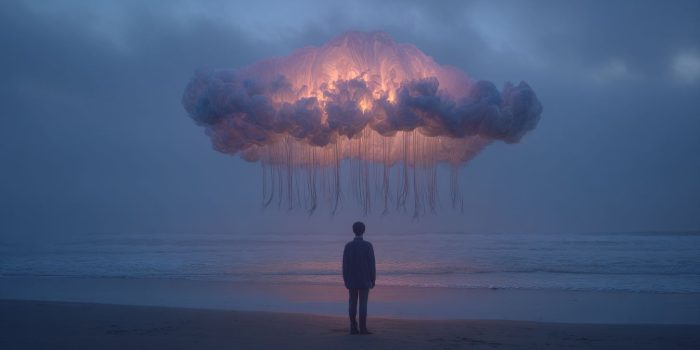 ChatGPT提示词_一个人背对着空荡荡的海滩，面对着一只发光的棉质水母_chatgpt4.0官网缩略图