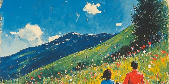 ChatGPT提示词_一对情侣躺在草花覆盖的坡地上，蓝天白云_chatgpt会员值吗缩略图