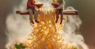 ChatGPT提示词_两个小朋友坐在大碗的泡面边，开心地吃着泡面_chatgpt帐号缩略图