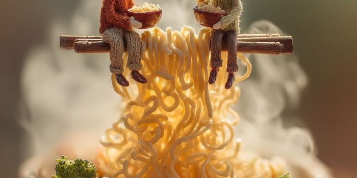 ChatGPT提示词_两个小朋友坐在大碗的泡面边，开心地吃着泡面_chatgpt帐号缩略图