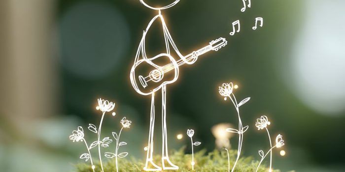 ChatGPT提示词_一个男孩站在苔藓覆盖的树桩上弹吉他_chatgpt5.0下装缩略图