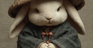 ChatGPT提示词_一只可爱的小兔子穿着僧衣和竹帽，坐着双腿交叉，手握佛珠_chatgpt 下载缩略图