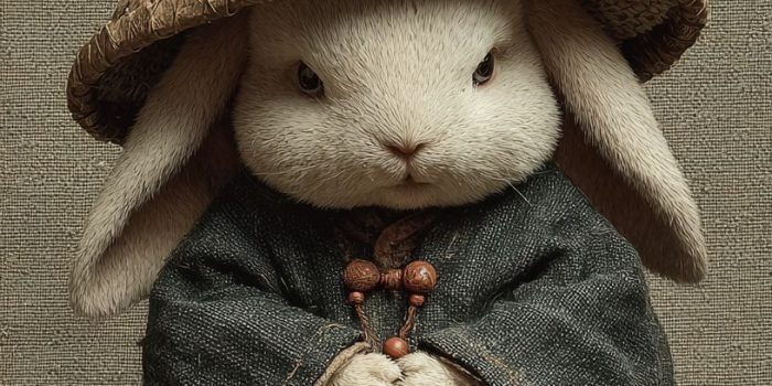 ChatGPT提示词_一只可爱的小兔子穿着僧衣和竹帽，坐着双腿交叉，手握佛珠_chatgpt 下载缩略图