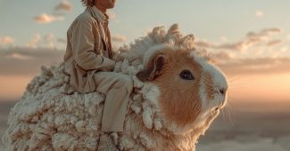 ChatGPT提示词_一个男人在沙漠中骑着一只巨大的豚鼠，夕阳西下_chatgpt在线版网页缩略图