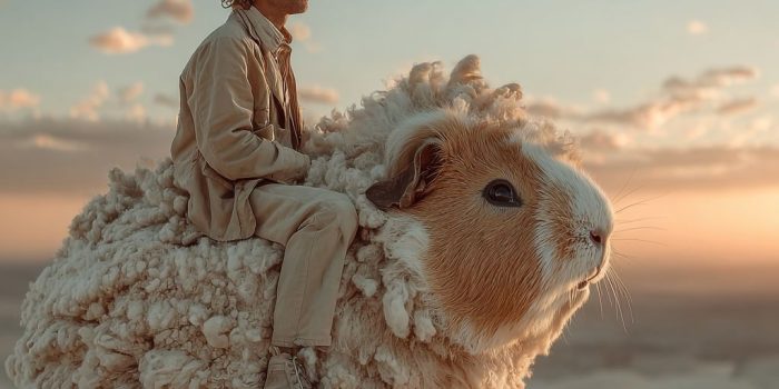 ChatGPT提示词_一个男人在沙漠中骑着一只巨大的豚鼠，夕阳西下_chatgpt在线版网页缩略图