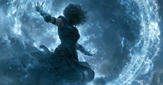 ChatGPT提示词_一位幻想女巫在发光的符文圆圈中施法，背景是翻滚的暴风云_chatgpt入口缩略图