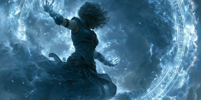 ChatGPT提示词_一位幻想女巫在发光的符文圆圈中施法，背景是翻滚的暴风云_chatgpt入口缩略图