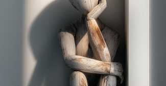 ChatGPT提示词_一个木质灰色的模特坐在大空旷的抽象空间里，手托着头_chatgpt4.0在线网页缩略图