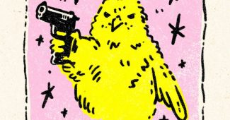 ChatGPT提示词_一只 chunky 明亮黄色的卡通鸟拿着黑色手枪，配有幽默的文字和星星插图_chatgpt人工智能在线网页缩略图