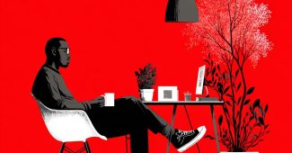 ChatGPT提示词_一个斯堪的纳维亚风格的男人在桌前使用电脑的插图_chatgpt中文版官网缩略图