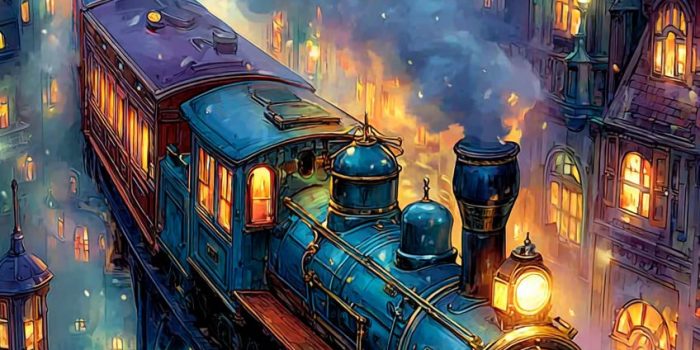 ChatGPT提示词_一列蒸汽朋克火车在雾气弥漫的工业城市中快速行驶_chatgpt中国官网缩略图