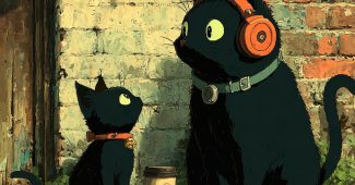 ChatGPT提示词_一只黑猫和一只小猫对视，尾巴柔和交缠，黑猫带着耳机和项圈，咖啡杯放在旁边，阳光温暖，氛围梦幻_chatgpt会员价格缩略图