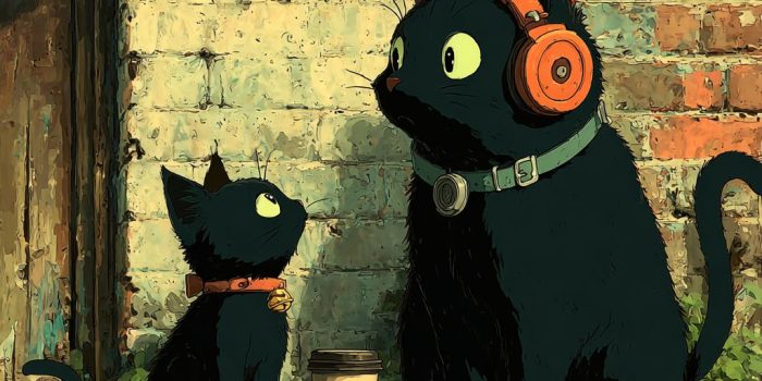 ChatGPT提示词_一只黑猫和一只小猫对视，尾巴柔和交缠，黑猫带着耳机和项圈，咖啡杯放在旁边，阳光温暖，氛围梦幻_chatgpt会员价格缩略图