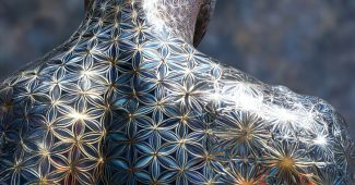 AI提示词_人形从颈部以下的视角，整个人体涂有复杂的神圣几何符号，如梅塔特龙立方体和生命之花，结合简约迷宫图案_chatgpt会员缩略图