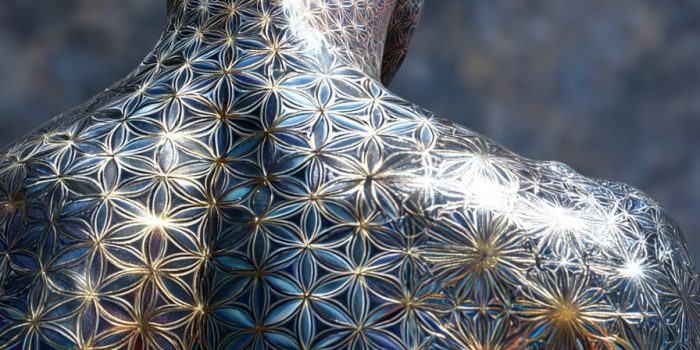 ChatGPT提示词_人形从颈部以下的视角，整个人体涂有复杂的神圣几何符号，如梅塔特龙立方体和生命之花，结合简约迷宫图案_chatgpt会员缩略图