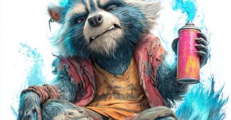 ChatGPT提示词_一只带有霓虹摩霍克发型的漫画浣熊，微笑着拿着一个发光的喷雾罐_chatgpt会员收费标准缩略图