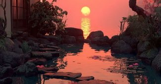 ChatGPT提示词_一个宁静的日本庭院在日出时分，鲤鱼池与莲花相映，樱花盛开，极简美学氛围_chatgpt官网网页版缩略图