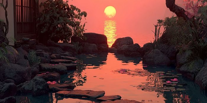 ChatGPT提示词_一个宁静的日本庭院在日出时分，鲤鱼池与莲花相映，樱花盛开，极简美学氛围_chatgpt官网网页版缩略图