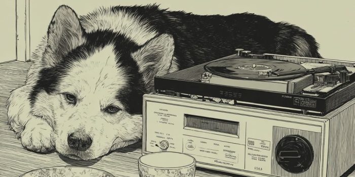 ChatGPT提示词_一只舍尔犬在90年代的磁带播放机旁闲卧，旁边有一小碗Fafda零食_chatgpt会员共享缩略图